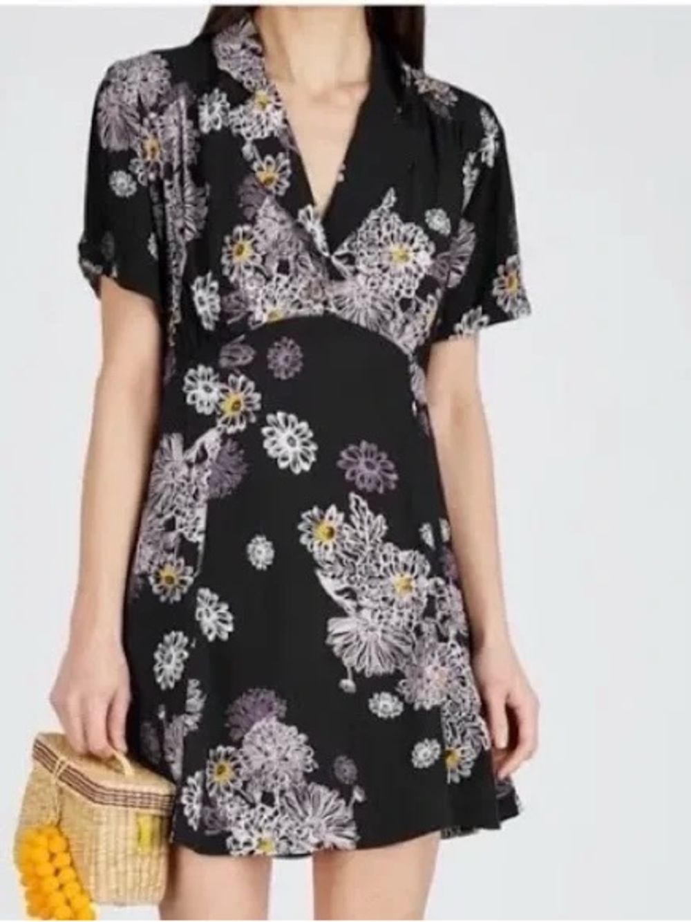 💜 Free People Black Floral V-Neck Mini Dress